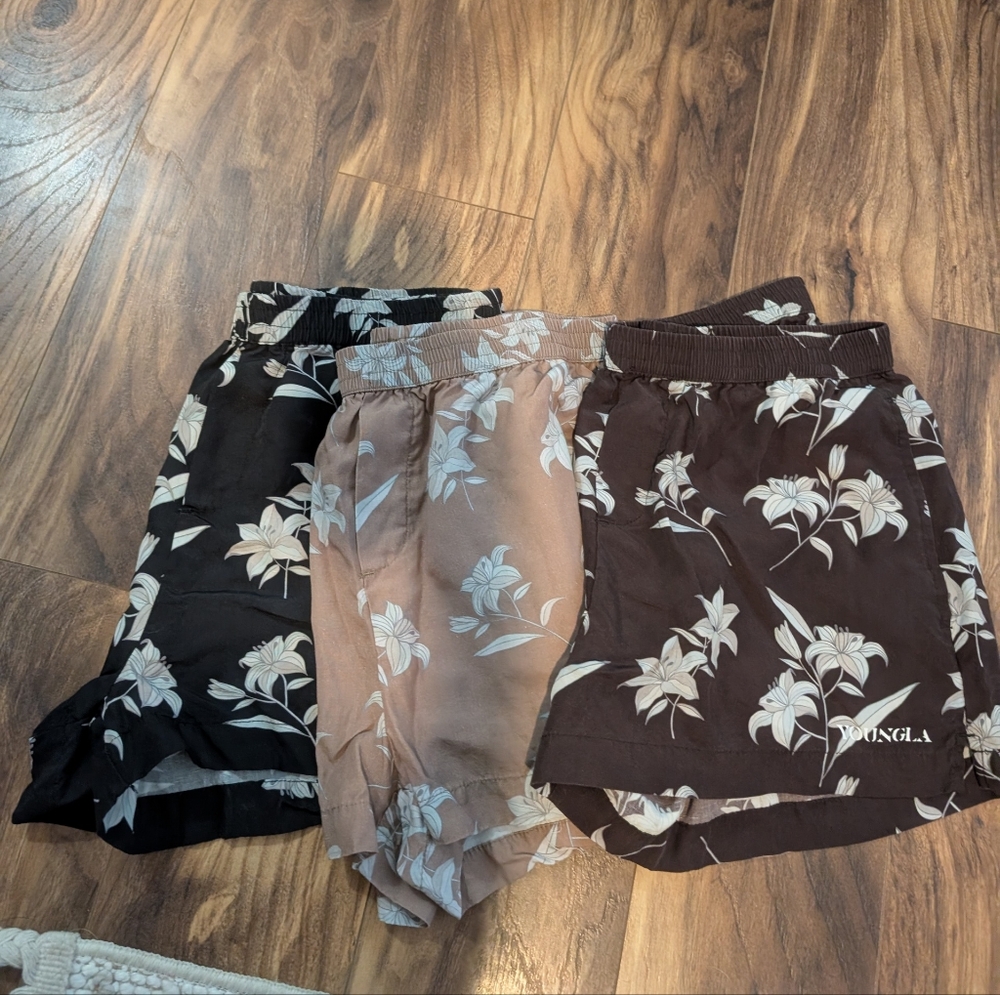 ANGL Women's Floral Athletic Shorts - Black, Brown, and Tan-3 PAIRS